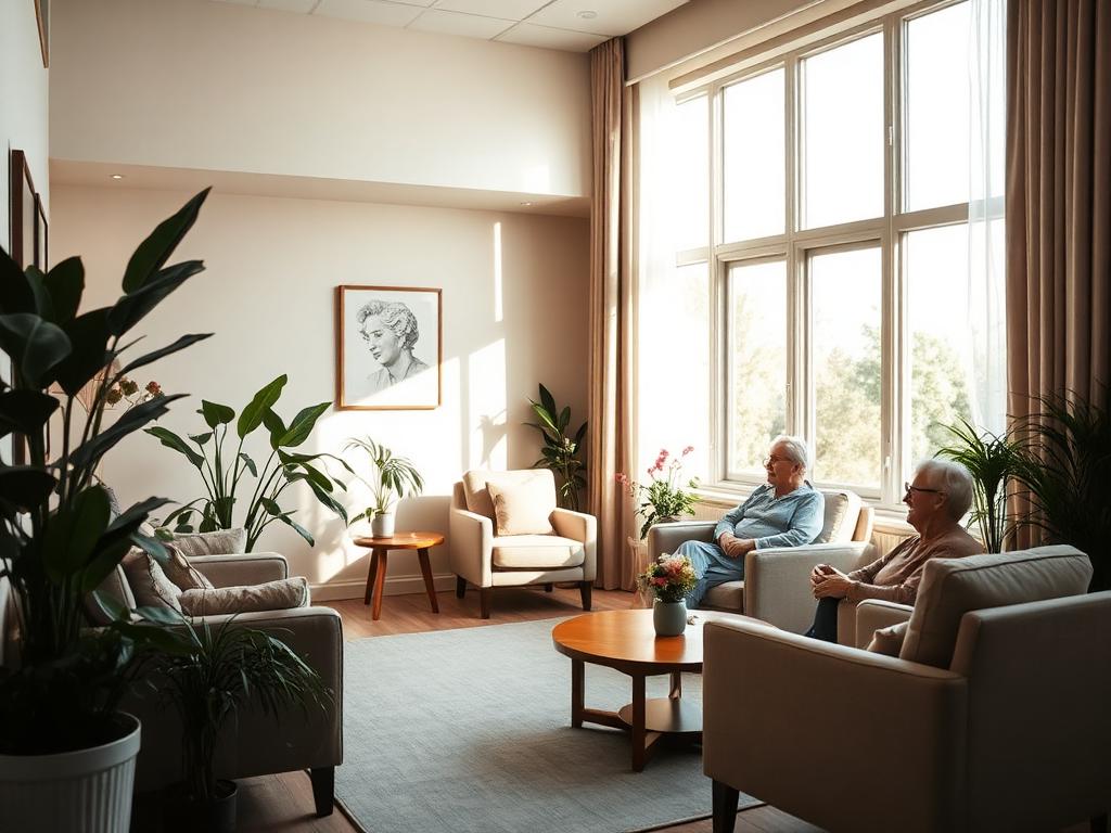 A sunlit aged care home lounge